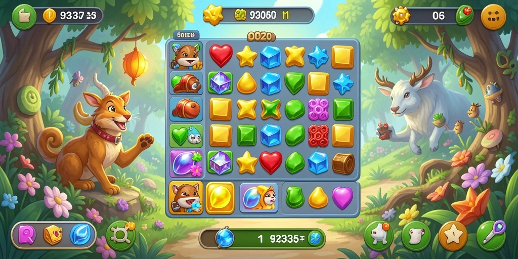 Screenshot gameplay 93337 menampilkan kombinasi warna cerah dalam Match-3.
