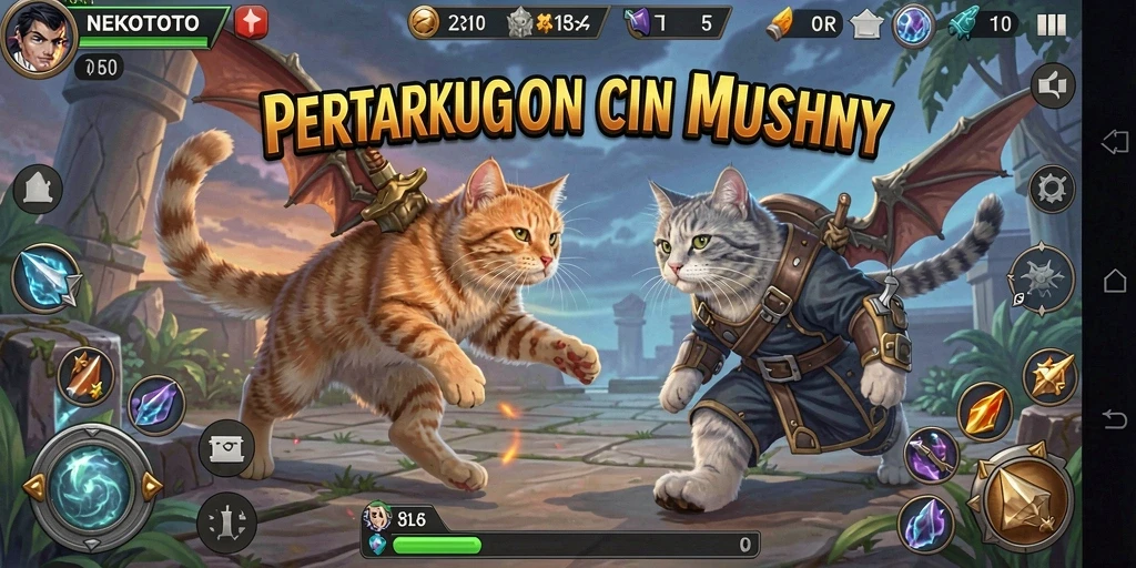 Tampilan menarik dari gameplay pertarungan yang mengasyikkan di NEKOTOTO.