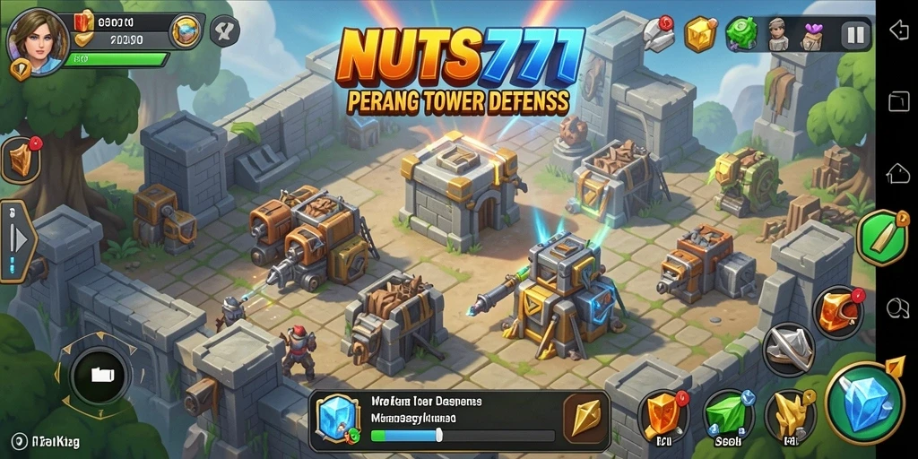 Screenshot gameplay NUTS777 menampilkan pertempuran tower defense yang mendebarkan.