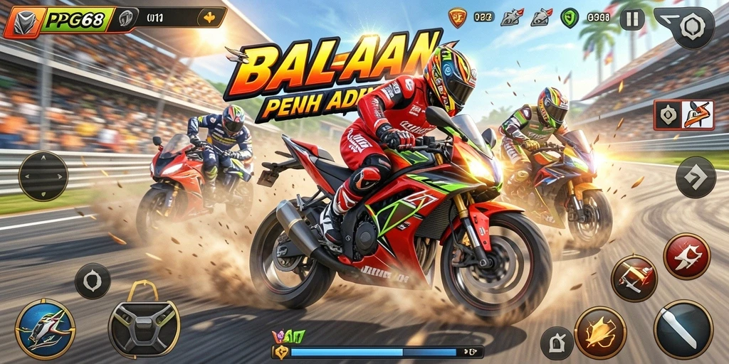 Tampilan gameplay seru PGG68 dengan motor balap yang memukau.